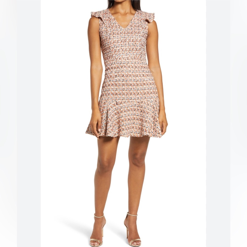 EUC Adelyn Rae LAURIE Orange & Navy Tweed Metallic Fit & Flare Dress Zip Back -S